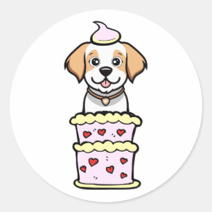 Grappige gelukkige hond springen uit een taart ronde sticker