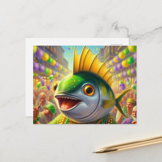 Grappige gelukkige Mardi Gras Fish Briefkaart (Voorkant / Achterkant in situ)