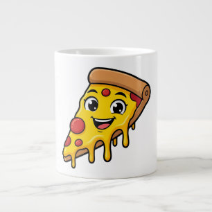 Grappige Gelukkige Pizzaslice met Rekkerige Kaas C Grote Koffiekop