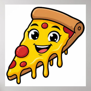 Grappige Gelukkige Pizzaslice met Rekkerige Kaas K Poster