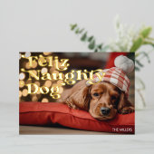 Grappige Gelukkige Stoute Hond Dier Kerst Mis Mode Folie Feestdagenkaart (Staand Voorkant)