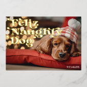Grappige Gelukkige Stoute Hond Dier Kerst Misdaad Folie Feestdagenkaart (Voorkant)