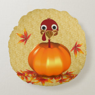 Grappige gelukkige Thanksgiving kalkoen in pompoen Rond Kussen