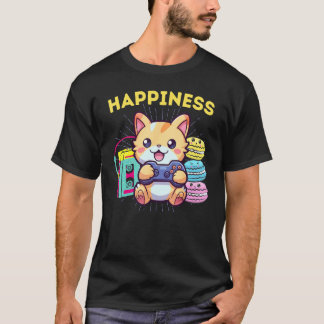 Grappige Geluks Gamer Kat Macarons & De Jaren 80 T-shirt