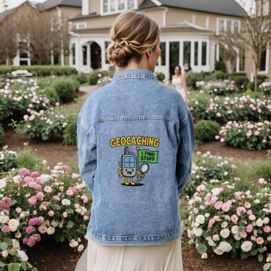 Grappige Geocaching GPS-cartoon met vlag en vergro Denim Jacket (Huwelijk Achterkant)
