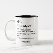 Grappige gepersonaliseerde risicomanager definitie tweekleurige koffiemok (Links)