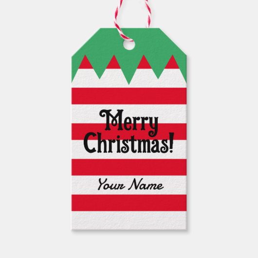 Grappige gestreepte kerst elf pak gepersonaliseerd cadeaulabel (Voorkant)