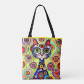 GRAPPIGE GEZICHT KAT IN ABTRACTE BLOEMEN TOTE BAG (Achterkant)