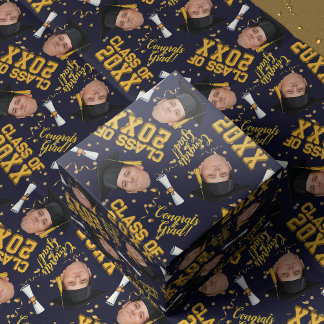 Grappige Gezichtsfoto Afstudeerhoed Navy Cadeaupap Cadeaupapier