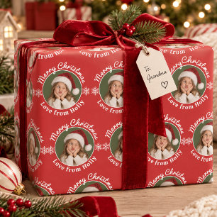 Grappige Gezichtsfoto Prettig Kerstmis Rood Groen Cadeaupapier
