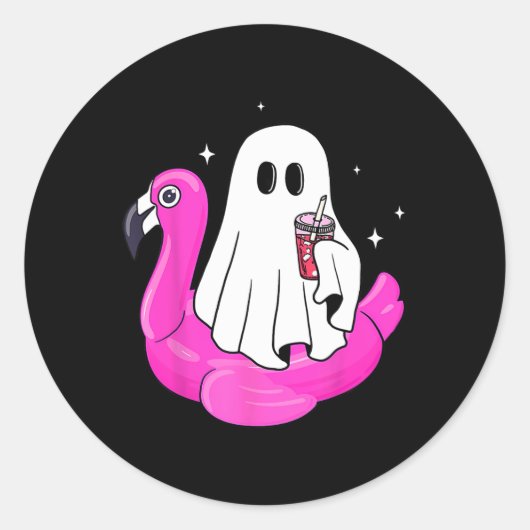 Grappige Ghost Flamingo Float Pool Spooky Zomer Zo Ronde Sticker (Voorkant)