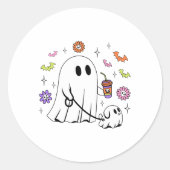Grappige Ghost Walking Dog Spooky Ghost Coffee Hal Ronde Sticker (Voorkant)
