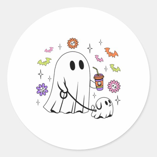 Grappige Ghost Walking Dog Spooky Ghost Coffee Hal Ronde Sticker (Voorkant)