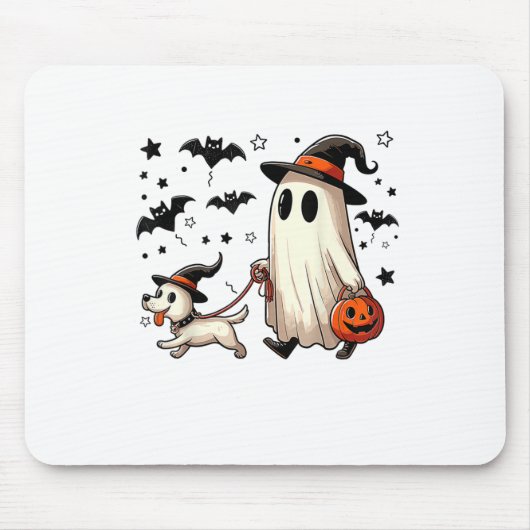 Grappige Ghost Walking Dog Spooky Seizoen Hallowee Muismat (Voorkant)