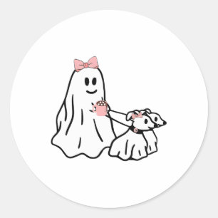 Grappige Ghost Walking Dog Spooky Seizoen Hallowee Ronde Sticker