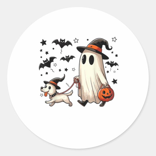 Grappige Ghost Walking Dog Spooky Seizoen Hallowee Ronde Sticker (Voorkant)