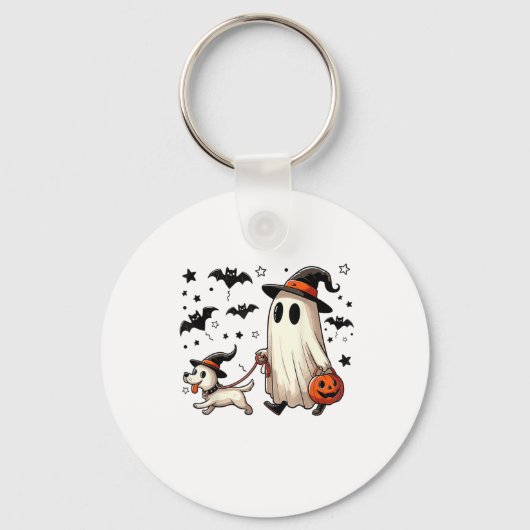 Grappige Ghost Walking Dog Spooky Seizoen Hallowee Sleutelhanger (Voorkant)