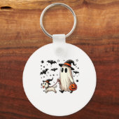 Grappige Ghost Walking Dog Spooky Seizoen Hallowee Sleutelhanger (Voorkant)