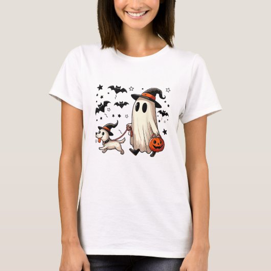 Grappige Ghost Walking Dog Spooky Seizoen Hallowee T-shirt (Voorkant)