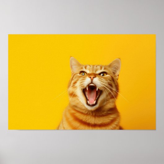 Grappige Ginger Cat Yawning op Heldergele achtergr Poster (Voorkant)