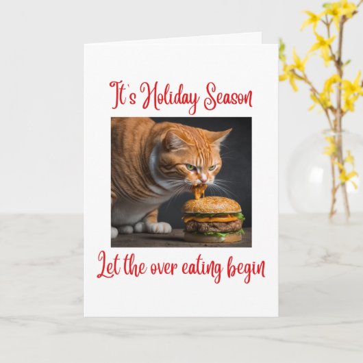 Grappige Ginger Fat Cat Eten Burger Kerstmis Kaart (Gele Bloem)
