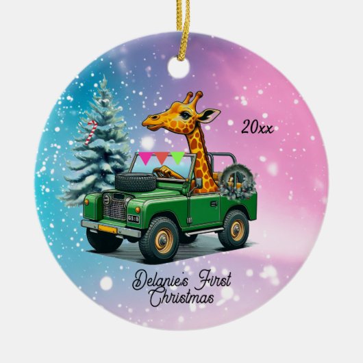 Grappige Giraffe Baby's Eerste Kerstmis Keramisch Ornament (Voorkant)