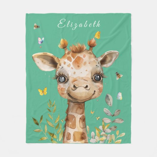 Grappige Giraffe Big Eyes Vlinders Bijen Fleece Deken (Voorkant)