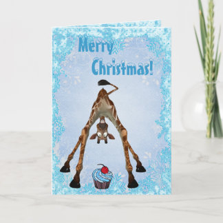 Grappige Giraffe & Blauwe Kerstkaart Cupcake Feestdagen Kaart