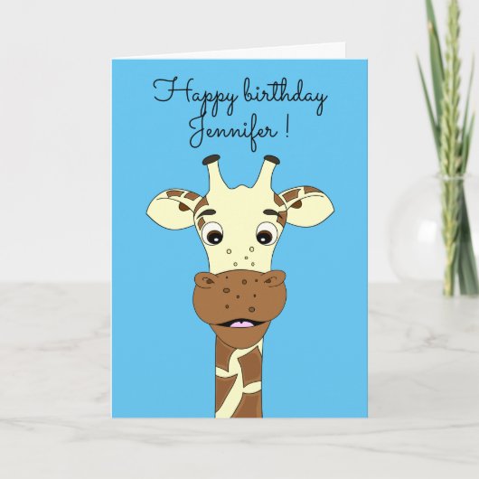 Grappige giraffe cartoon blauw kinderen verjaardag kaart (Voorkant)