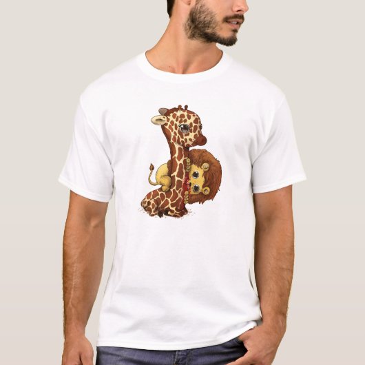 Grappige Giraffe en Leeuw Speelse Kunst T-shirt (Voorkant)