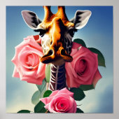 Grappige Giraffe en Rozen Digitale Kunst Poster (Voorkant)