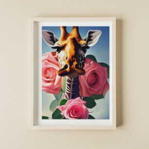 Grappige Giraffe en Rozen Digitale Kunst Poster