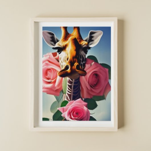 Grappige Giraffe en Rozen Digitale Kunst Poster