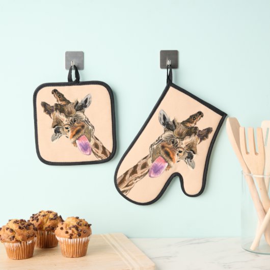 Grappige Giraffe Oven Mitt & Pot Holder Set (Insitu(Ophanging))