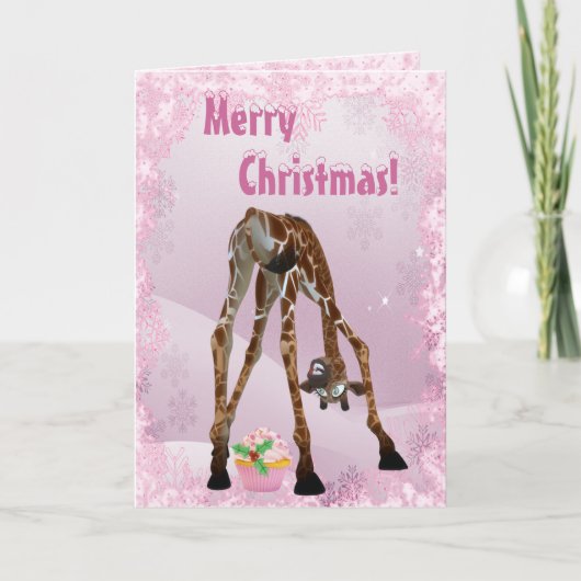 Grappige Giraffe & Roze Cupcake Kerst Kaart (Voorkant)