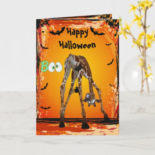Grappige Giraffe & Spider Halloween Kaart (Gele Bloem)