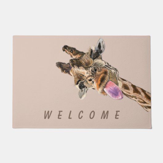 Grappige Giraffe Tongue Out en Speelse Wink Welkom Deurmat (Voorkant)