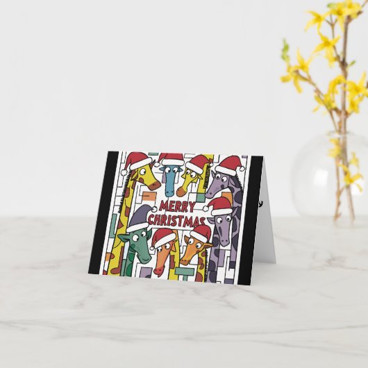 Grappige Giraffes in Santa Hats Kerst Abstract Kaart (Gele Bloem)