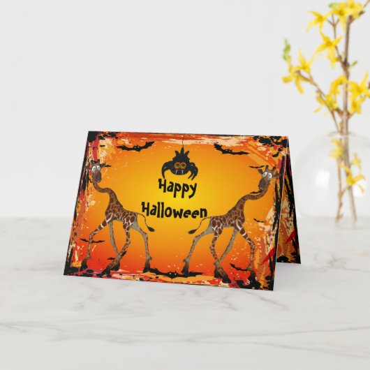 Grappige Giraffes & Spider Halloween Kaart (Gele Bloem)