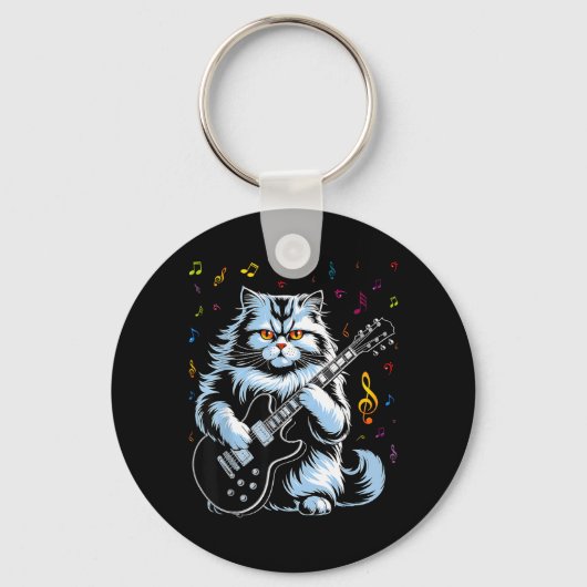 Grappige Gitaar Kat Rock Spelend Sleutelhanger (Voorkant)