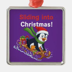 Grappige Glijdend naar Kerst Mooie Pinguïn Sleeën Metalen Ornament