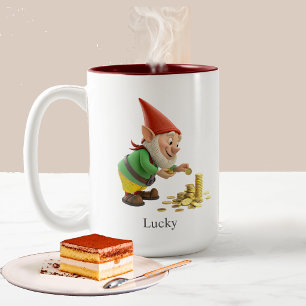 Grappige Gnome, Gouden Munten, Calligrafie & Monog Tweekleurige Koffiemok