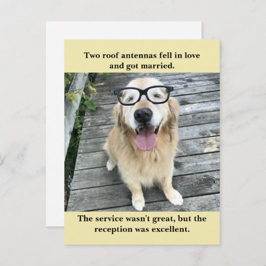 Grappige Golden Retriever bruiloft receptie grap m Aankondigingskaart (Voorkant / Achterkant)