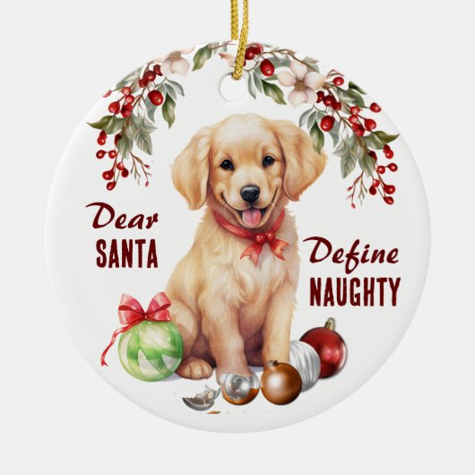 Grappige Golden Retriever Pup Definieer ondeugende Keramisch Ornament (Voorkant)