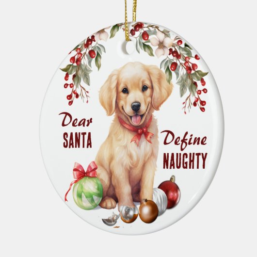 Grappige Golden Retriever Pup Definieer ondeugende Keramisch Ornament (Links)