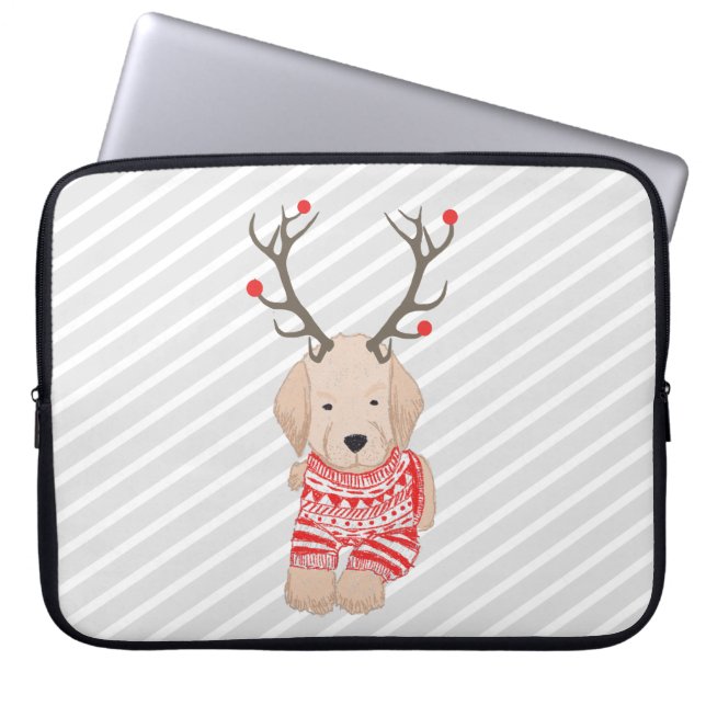 Grappige Golden Retriever Puppy Rendier Antlers Laptop Sleeve (Voorkant)