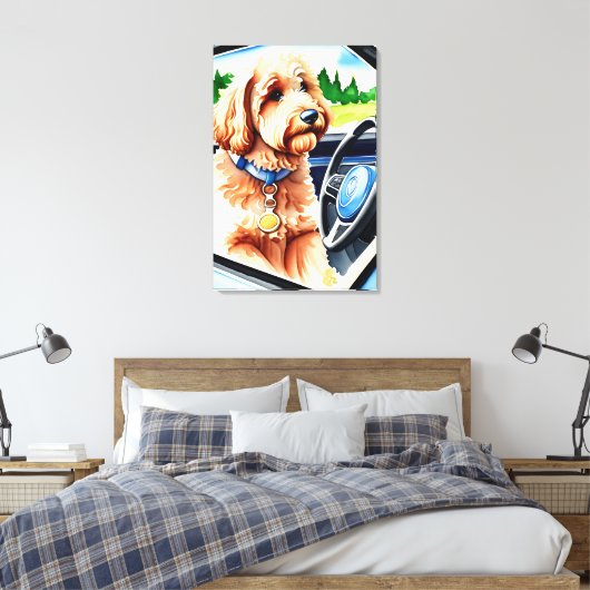 Grappige Goldendoodle Hond Rij Auto Canvas Afdruk (Insitu (Slaapkamer))