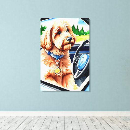 Grappige Goldendoodle Hond Rij Auto Canvas Afdruk (Insitu (Houten vloer))