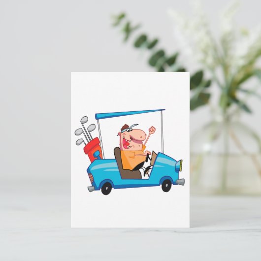 grappige golfer in golfkarretje briefkaart (Staand voorkant)