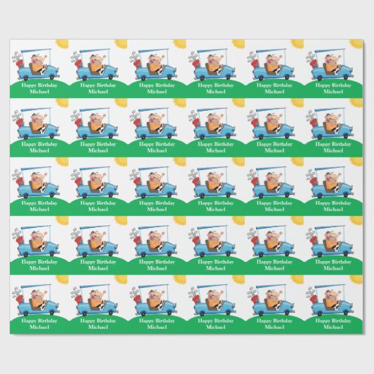 Grappige golfer op winkelwagen gepersonaliseerd ca cadeaupapier (Vlak)